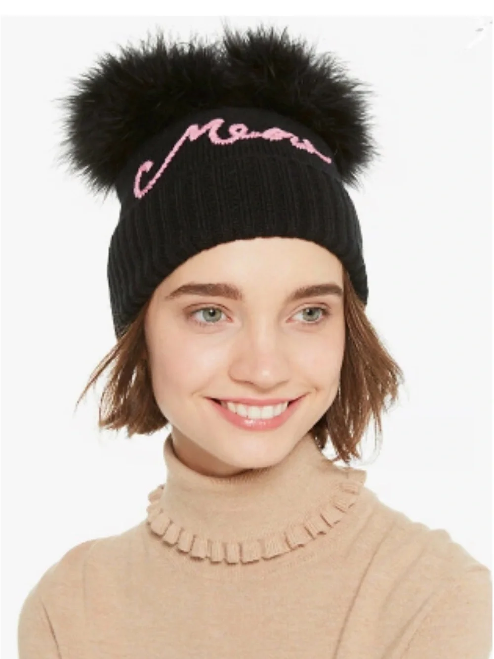 Kate Spade New York meow marabou pompom beanie black